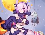  1girl :o animal_ears arm_up armpits blue_background bow breasts candy dangerous_beast fate/grand_order fate_(series) food full_moon hair_over_one_eye halloween jack-o&#039;-lantern large_breasts looking_at_viewer mash_kyrielight moon open_mouth pink_bow pumpkin purple_eyes purple_hair purple_legwear revealing_clothes short_hair sitting solo star_(symbol) tail thighhighs tomoda_(pixiv) wariza 