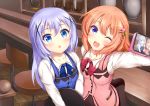  2girls ;d absurdres black_skirt blue_eyes blue_neckwear blue_vest blush bow bowtie brown_hair cellphone chestnut_mouth collarbone eyebrows_visible_through_hair floating_hair gochuumon_wa_usagi_desu_ka? hair_between_eyes hair_ornament highres holding holding_phone hoto_cocoa indoors kafuu_chino kokoa410 long_hair long_sleeves multiple_girls one_eye_closed open_mouth phone pink_vest purple_eyes rabbit_house_uniform red_bow red_neckwear self_shot shiny shiny_hair shirt silver_hair skirt smartphone smile standing vest white_shirt x_hair_ornament 