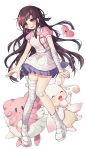  1girl apron artist_name audino bandaged_arm bandaged_leg bandages bandaid bandaid_on_knee bangs black_hair blissey blush breasts brown_hair commentary_request dalrye_v3 danganronpa full_body gen_2_pokemon gen_3_pokemon gen_5_pokemon highres long_hair looking_at_viewer luvdisc mega_audino mega_pokemon mole mole_under_eye nurse open_mouth pleated_skirt pokemon pokemon_(creature) puffy_short_sleeves puffy_sleeves purple_eyes shoes short_sleeves simple_background skirt solo super_danganronpa_2 tsumiki_mikan very_long_hair white_apron white_background white_footwear 