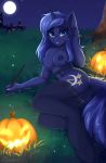  anthro anus breasts butt clothing cutie_mark dock equid equine fan_character female food fruit garter_belt garter_straps genitals halloween hasbro hi_res holidays horn jack-o&#039;-lantern legwear looking_at_viewer mammal moon mostly_nude my_little_pony night nipples outside plant pumpkin pussy shadowreindeer sky solo stockings thigh_highs unguligrade_anthro unicorn wand 