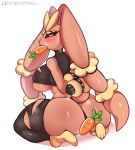  2020 anthro big_breasts big_butt blush breasts butt carrot female food hi_res kyodashiro looking_at_viewer looking_back mega_evolution mega_lopunny nintendo plant pok&eacute;mon pok&eacute;mon_(species) simple_background solo text url vegetable video_games white_background 