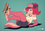 absurd_res anthro baseball_cap bottomwear canid canine canis clothing female fox-pop hair hair_over_eye hat headgear headwear hi_res legs_up looking_at_viewer lying mammal one_eye_obstructed pawpads shorts solo wolf 