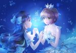  2girls :d ahoge bangs black_hair blue_background blue_bow blue_dress blue_eyes bow brown_hair bubble cardcaptor_sakura chocofox crown daidouji_tomoyo dress floating_hair gloves green_eyes hair_bow hair_intakes highres holding_hands interlocked_fingers kinomoto_sakura long_hair mini_crown multiple_girls open_mouth shiny shiny_hair short_hair sleeveless sleeveless_dress smile very_long_hair white_dress white_gloves 