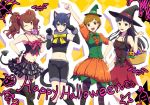  4girls amagi_yukiko animal_ears basket black_eyes black_hair blue_eyes blue_hair blush bow brown_eyes brown_hair cat_ears cat_tail costume demon_horns demon_tail eyebrows_visible_through_hair fujishiro_kei happy_halloween hat holding holding_basket horns kujikawa_rise multiple_girls one_eye_closed open_mouth pantyhose persona persona_4 red_hair satonaka_chie shiny shiny_hair shirogane_naoto short_hair tail thighhighs witch_hat 