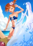  1girl ;d absurdres armpits beach bikini blue_bikini blue_eyes blue_sky blurry blurry_background breasts brown_hair cleavage cloud collarbone day earrings flower gen_1_pokemon hair_flower hair_ornament highres jewelry khayman misty_(pokemon) navel ocean one_eye_closed one_side_up open_mouth outdoors panties pokemon pokemon_(anime) pokemon_(classic_anime) pokemon_(creature) shiny shiny_hair short_hair side-tie_panties signature sky small_breasts smile solo staryu strapless strapless_bikini summer swimsuit twitter_username underwear white_flower 