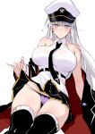  1girl absurdres azur_lane black_coat black_legwear black_neckwear blush breasts coat enterprise_(azur_lane) halcon hat heart highres large_breasts light_smile long_hair necktie panties peaked_cap pleated_skirt purple_eyes purple_panties sketch skirt solo thighs underwear white_background white_hair 