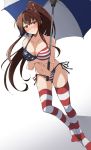  1girl american_flag_bikini asymmetrical_legwear bikini breasts brown_hair cherry_blossoms collarbone flag_print flower full_body hair_flower hair_ornament highres kantai_collection large_breasts leaning_forward long_hair looking_at_viewer nel-c ponytail red_eyes side-tie_bikini simple_background solo standing striped striped_legwear swimsuit thighhighs umbrella white_background yamato_(kantai_collection) 