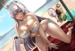  1girl :d agetama all_fours anastasia_(fate) bangs bare_shoulders beach bikini blue_eyes blush bottle breasts cleavage commission day doll dress earrings eyebrows_visible_through_hair fate/grand_order fate_(series) giving hair_between_eyes hair_over_one_eye hairband highres holding holding_bottle jewelry large_breasts long_hair looking_at_viewer lotion necklace open_mouth outdoors side-tie_bikini silver_hair skeb_commission smile solo strapless strapless_bikini sweat swimsuit thighs very_long_hair 