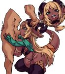  after_fellatio ass_grab belt bikini_tan cum cum_in_mouth deepthroat fellatio forked_tongue grabbing_another&#039;s_ass groping gyaru highres horn_ornament horns interspecies jewelry large_ears looking_at_another oral original pyrite_(ironbunz) scales short_stack tan tanline thighhighs tongue zanamaoria 