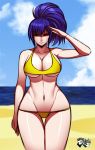  1girl alternate_costume bangs beach bikini blue_eyes blue_hair blue_sky breasts cloud cloudy_sky huge_breasts jadenkaiba leona_heidern midriff navel no_pants ocean ponytail salute serious sky solo swimsuit the_king_of_fighters underwear water watermark yellow_bikini 