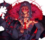  1boy bare_chest black_bodysuit black_cape black_gloves blue_hair bodysuit cape chest_tattoo cu_chulainn_(fate)_(all) cu_chulainn_alter_(fate/grand_order) earrings elbow_gloves facepaint facial_mark fate/grand_order fate_(series) gloves hair_over_shoulder hair_strand highres hood jewelry long_hair looking_at_viewer male_focus monster_boy red_eyes shaded_face simple_background sitting smirk solo spikes tail tattoo tomoda_(pixiv) white_background 