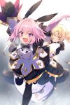  1boy 1girl astolfo_(fate) astolfo_(saber)_(fate) astolfo_(saber)_(fate)_(cosplay) bangs black_bow black_gloves black_legwear black_neckwear black_ribbon blonde_hair blush bow bowtie bradamante_(fate/grand_order) breasts cis05 closed_eyes cosplay fang fate/grand_order fate_(series) gloves gold_trim hair_between_eyes hair_intakes hippogriff layered_skirt long_hair low_twintails multicolored_hair open_mouth otoko_no_ko pink_hair purple_eyes ribbon skirt smile streaked_hair stuffed_animal stuffed_toy twintails very_long_hair white_hair 