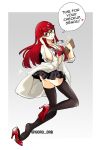  bra breasts cleavage clipboard glasses goro_orb high_heels highres labcoat looking_at_viewer microskirt no_shirt panties persona persona_5 persona_5_the_royal red_bra red_eyes red_footwear red_hair red_panties shoes single_shoe skirt smile stethoscope thighhighs underwear yoshizawa_kasumi 