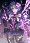  1girl absurdres armor bare_shoulders breasts cleavage commentary_request dust dust_cloud elbow_gloves electricity eyebrows_visible_through_hair fingernails gloves glowing glowing_tattoo hair_between_eyes heterochromia highres holding holding_sword holding_weapon honkai_(series) honkai_impact_3rd huge_filesize long_hair magatama mask mask_on_head parted_lips partial_commentary pink_eyes purple_eyes purple_gloves purple_hair raiden_mei raiden_mei_(lightning_empress) shunzou solo sword tattoo thigh_strap torn torn_clothes torn_legwear weapon wide-eyed 