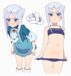  1girl blue_eyes blush breasts character_request future_card_buddyfight menstrual_pad moyori navel panties panties_removed short_hair_with_long_locks silver_hair small_breasts solo sweat underwear undressing white_background 