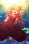  1girl :d ahoge bangs blonde_hair brown_eyes collarbone dress emma_(yakusoku_no_neverland) floating_hair hair_between_eyes highres leaning_forward long_hair navy_natsukure open_mouth red_dress skirt_hold sleeveless sleeveless_dress smile soaking_feet solo standing tattoo twitter_username very_long_hair yakusoku_no_neverland 