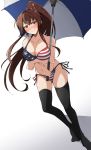  1girl american_flag_bikini asymmetrical_legwear bikini black_legwear breasts brown_hair cherry_blossoms collarbone flag_print flower full_body hair_flower hair_ornament highres kantai_collection large_breasts leaning_forward long_hair looking_at_viewer nel-c ponytail red_eyes side-tie_bikini simple_background solo standing striped swimsuit thighhighs umbrella white_background yamato_(kantai_collection) 