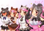  4girls ;q ahoge animal_ears arm_up bangs bare_arms bare_shoulders bear_ears bear_girl bergman&#039;s_bear_(kemono_friends) bike_shorts black_eyes black_hair bow bowtie bracelet breast_pocket brown_bear_(kemono_friends) brown_eyes brown_hair center_frills chibi closed_mouth coat collared_shirt commentary_request cowboy_shot elbow_gloves embarrassed empty_eyes extra_ears eyebrows_visible_through_hair ezo_brown_bear_(kemono_friends) fingerless_gloves frills fur_bracelet gloves grey_hair hakumaiya hand_on_hip hand_up headband high-waist_skirt highres jewelry kemono_friends kodiak_bear_(kemono_friends) long_hair looking_at_viewer medium_hair microskirt multiple_girls necktie one_eye_closed open_clothes open_coat open_mouth pocket pose purple_eyes shirt short_sleeves shorts shorts_under_skirt side-by-side skirt sleeveless sleeveless_shirt smile suspender_skirt suspenders tongue tongue_out torn_clothes torn_sleeves trembling two-tone_background white_hair wing_collar wristband 