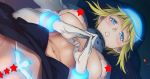  1girl asaki_takayuki bangs bikini blonde_hair blue_eyes blush breasts censored commentary_request covered_nipples elbow_gloves en&#039;en_no_shouboutai eyebrows_visible_through_hair fingers_together gloves habit hands_together iris_(en&#039;en_no_shouboutai) navel neon_trim nun parted_lips sideways star_censor swimsuit underboob white_bikini wrist_cuffs 