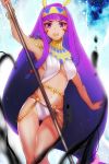  1girl :o angry animal_ears bangs bare_arms bare_legs bikini blue_background blunt_bangs bracelet cowboy_shot earrings egyptian_clothes facial_mark fate/grand_order fate_(series) hairband holding holding_staff hoop_earrings jackal_ears jewelry jun_(ash) long_hair looking_at_viewer low-tied_long_hair navel nitocris_(fate/grand_order) open_mouth purple_eyes purple_hair solo staff swimsuit thigh_gap usekh_collar white_bikini 