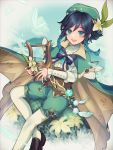 1boy absurdres bard black_hair blue_eyes blue_hair blush braid cape cloud cloudy_sky feathers flower gem genshin_impact gradient_hair green_headwear hat hat_flower highres jewelry kanna-mika leaf long_sleeves looking_at_viewer lyre male_focus multicolored_hair open_mouth otoko_no_ko pantyhose shoes shorts sky smile solo thighhighs twin_braids venti_(genshin_impact) vision_(genshin_impact) white_flower white_legwear 