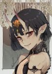  1girl bare_shoulders black_hair blush breasts brown_eyes eyeliner fang fang_out fate/grand_order fate_(series) grin hat highres hiranko horns long_hair looking_at_viewer makeup oni oni_horns ponytail short_hair shuten_douji_(fate/grand_order) small_breasts smile solo 