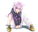  1girl 99_(hosinosensei) :3 ahoge animal_ears arms_between_legs asymmetrical_pants baggy_pants bangs black_hoodie blush cat_ears cat_girl cat_tail closed_mouth crop_top cropped_hoodie drawstring hair_between_eyes hololive hood hoodie long_sleeves looking_at_viewer nekomata_okayu onigiri_print pants purple_eyes purple_hair shadow shoes short_hair simple_background sitting sneakers solo strap sweatpants tail virtual_youtuber white_background white_pants yellow_footwear 