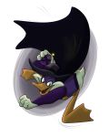  4:5 absurd_res anatid anseriform anthro avian bird black_cape cape clothing darkwing_duck_(character) disney drake_mallard duck ducktales_(2017) feathers hat headgear headwear hi_res male mask orlandofox pattern_clothing pattern_hat pattern_headgear pattern_headwear purple_clothing simple_background smoke_bomb solo striped_clothing striped_hat striped_headgear striped_headwear stripes white_body white_feathers 