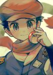  1boy black_hair black_shirt blush closed_mouth commentary_request floating_scarf gaito-san grey_eyes grey_jacket hand_up hat highres holding holding_poke_ball jacket looking_at_viewer male_focus orange_headwear orange_scarf poke_ball poke_ball_(legends) pokemon pokemon_(game) pokemon_legends:_arceus rei_(pokemon) scarf shirt short_hair smile solo upper_body 