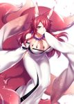  1girl animal_ear_fluff animal_ears bare_shoulders breasts cleavage detached_sleeves dress fox_ears fox_tail hair_over_one_eye jewelry konshin large_breasts long_hair looking_at_viewer multiple_tails necklace original red_hair solo strapless strapless_dress tail white_background white_dress wide_sleeves 