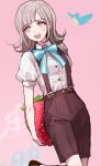  16_(0xhsk16) 1girl bangs bird blue_bow blush bow breasts brown_shorts commentary_request danganronpa dress_shirt flipped_hair food fruit highres holding holding_pillow large_breasts leg_up looking_at_viewer looking_to_the_side medium_hair nanami_chiaki open_mouth pillow pink_background pink_eyes puffy_sleeves shirt shoes short_sleeves shorts smile solo strawberry strawberry_pillow striped striped_bow super_danganronpa_2 suspender_shorts suspenders upper_teeth white_shirt 