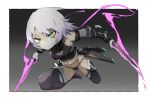  1girl bandaged_arm bandaged_hands bandages black_gloves blue_pupils breasts cleavage cleavage_cutout closed_mouth clothing_cutout dagger dual_wielding facial_scar fate/grand_order fate_(series) gloves glowing glowing_weapon gradient gradient_background green_eyes grey_hair highres holding holding_dagger holding_weapon jack_the_ripper_(fate/apocrypha) lamian_(pixiv415608) navel scar scar_across_eye scarecrow sheath sheathed short_hair single_glove solo unsheathed weapon 
