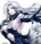  1girl armpits black_dress black_gloves blue_eyes breasts cleavage dated dress elbow_gloves elf gloves grey_hair half-closed_eyes happa_(cloverppd) long_hair navel original parted_lips pointy_ears signature simple_background snow snowflakes white_background 