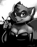  4:5 anthro breasts cleavage clothed clothing combatraccoon dress female hi_res mammal monochrome procyonid raccoon solo 