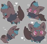  2020 220_vvv ambiguous_gender blue_body blue_fur blush canid chest_tuft digital_media_(artwork) dipstick_hair dipstick_limbs feral fur grey_background grey_body grey_fur happy heart_print looking_up mammal multiple_images nintendo on_ground open_mouth pink_eyes pok&eacute;mon pok&eacute;mon_(species) shiny_pok&eacute;mon shiny_zorua signature simple_background sleeping smile solo tuft tufted_fur video_games zorua 
