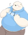  2020 anthro belly blush bottomwear clothing fur hi_res hoodie kemono kwzu male mammal overweight overweight_anthro overweight_male pants polar_bear simple_background solo topwear ursid ursine white_background white_body white_fur 