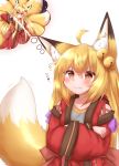  2020 5_fingers accessory ahoge animal_humanoid asian_clothing bell blonde_hair blush breasts brown_body brown_fur canid canid_humanoid canine canine_humanoid clothed clothing crossed_arms cute_fangs dipstick_ears dipstick_tail east_asian_clothing female fingers fluffy fluffy_tail fox_humanoid fur glistening glistening_hair hair hair_accessory hakama half-length_portrait hi_res holding_object horokusa0519 humanoid inner_ear_fluff japanese_clothing japanese_text jingle_bell katana long_hair looking_at_viewer mammal mammal_humanoid melee_weapon multi_tail multicolored_ears multicolored_tail portrait pupils red_clothing simple_background slit_pupils small_breasts solo sword text thought_bubble translation_request tuft weapon white_background white_body white_fur yellow_body yellow_eyes yellow_fur 