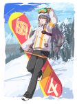  1girl 404_logo_(girls_frontline) absurdres alternate_costume chicory girls_frontline gloves goggles goggles_on_headwear grey_hair highres mountain number scar scar_across_eye shoes snow snowboard solo stuffed_toy tree ump45_(girls_frontline) ump9_(girls_frontline) woollen_cap yellow_eyes 