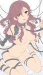  1girl android breasts brown_eyes cable hair_censor hair_over_one_eye highres itou_(onsoku_tassha) long_hair looking_at_viewer medium_breasts missing_limb navel nude open_mouth original red_hair restrained sitting solo teeth tongue wariza wavy_hair wire 