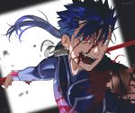  1boy armor bleeding blood blood_on_face blue_hair cu_chulainn_(fate)_(all) earrings fangs fate/stay_night fate_(series) fighting gae_bolg injury jewelry lancer long_hair male_focus open_mouth outstretched_arm pauldrons polearm ponytail red_eyes shoulder_armor skin_tight slit_pupils solo spiked_hair twitter_username type-moon weapon yoruno22 
