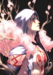  1boy abs alternate_costume bare_chest black_background blue_hair bodypaint branch cherry_blossoms cu_chulainn_(fate)_(all) cu_chulainn_alter_(fate/grand_order) dark_blue_hair earrings eilinna facepaint fate/grand_order fate_(series) flower from_side hair_strand hood hood_up jewelry long_hair male_focus muscle ponytail red_eyes shiny shirtless simple_background solo type-moon 