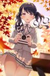  1girl ass_visible_through_thighs autumn_leaves bangs black_hair black_ribbon blazer blue_flower blurry blurry_foreground camera collared_shirt commentary depth_of_field dress_shirt eyebrows_visible_through_hair flower fukumaru_koito grey_jacket grey_skirt hair_flower hair_ornament highres holding holding_camera hyonee idolmaster idolmaster_shiny_colors jacket leaf long_hair long_sleeves looking_at_viewer maple_leaf neck_ribbon open_mouth pleated_skirt purple_eyes purple_flower ribbon school_uniform shirt skirt solo standing swept_bangs thigh_gap twintails white_shirt 