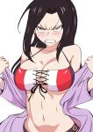  1girl angry bare_shoulders bikini black_hair blush breasts cleavage cross-laced_bikini_top highres hood hoodie idolmaster idolmaster_cinderella_girls large_breasts long_hair midriff mukai_takumi navel removing_jacket swimsuit teeth toned tyotyotyori yellow_eyes 