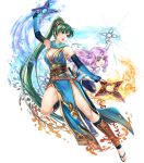  2girls bangs bare_shoulders breasts circlet dual_wielding earrings elbow_gloves fingerless_gloves fire_emblem fire_emblem:_the_blazing_blade fire_emblem_heroes florina_(fire_emblem) full_body gloves green_eyes green_hair hair_ornament highres holding japanese_clothes jewelry leg_up long_hair looking_away lyn_(fire_emblem) medium_breasts multiple_girls ninja official_art open_mouth pelvic_curtain ponytail purple_hair sandals sheath sheathed shiny shiny_skin sleeveless sword thighs tied_hair toes transparent_background weapon yamada_koutarou 