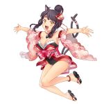  animal_ears bead_anklet black_hair breasts cat_ears cat_girl cat_tail cleavage detached_sleeves hair_bun large_breasts long_hair multiple_tails nekomata_(youkai_hyakki-tan!) official_art open_hands open_mouth outstretched_arms sandals seashell_hair_ornament shoe_dangle spread_arms tail thick_eyebrows upper_teeth wide_sleeves yellow_eyes youkai_hyakki-tan! 