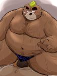  2020 anthro ashigara balls belly blush bodily_fluids brown_body brown_fur canid canine canis clothing domestic_dog duo fur genitals kemono kwzu male mammal moobs navel nipples overweight overweight_anthro overweight_male sweat tokyo_afterschool_summoners underwear ursid video_games yasuyori 