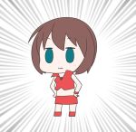  1girl :3 absurdres aqua_eyes brown_hair chibi commentary crop_top emphasis_lines full_body hands_on_hips highres meiko midriff miniskirt red_footwear red_shirt red_skirt shirt short_hair skirt smile solid_oval_eyes solo vocaloid wrist_cuffs yuta1147 