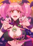  2girls breasts chibi claw_pose cleavage english_commentary fangs green_hair halloween head_wings highres janstalker large_breasts looking_at_viewer macross macross_delta makina_nakajima multiple_girls orange_eyes pink_hair reina_prowler twintails v-shaped_eyebrows 