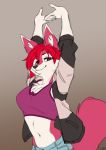  2020 anthro black_nose breasts canid canine clothing countershading female fox foxboy83 hair hi_res jacket looking_at_viewer mammal navel pink_body red_eyes red_hair regys_(carp) simple_background smile solo stretching topwear white_countershading 