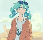  1girl ahoge bangs blue_eyes blue_hair blush closed_mouth cloud day desert earrings eyewear_on_head hair_between_eyes hatsune_miku jacket jewelry long_hair outdoors red_jacket sky solo spaghetti_strap suna_no_wakusei_(vocaloid) sunglasses teshima_nari twintails upper_body vocaloid 